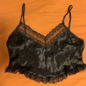 Vintage black satin ruffle cami